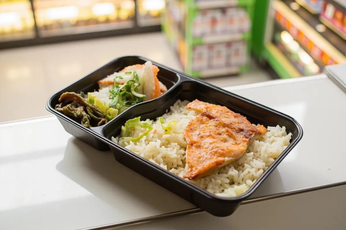 Open FamilyMart bento tray with rice, grilled fish and vegetables on a store counter