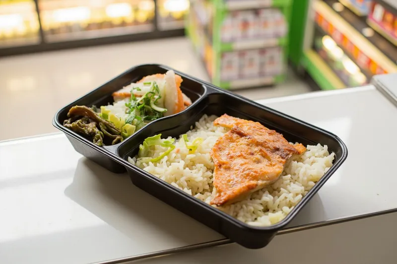 Open FamilyMart bento tray with rice, grilled fish and vegetables on a store counter