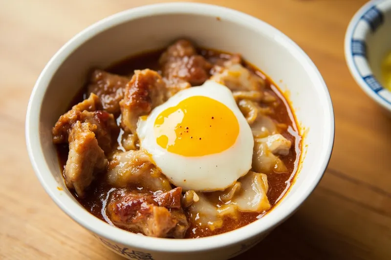 A Japanese oyakodon rice bowl with chicken pieces and a soft poached egg in a black lacquered bowl