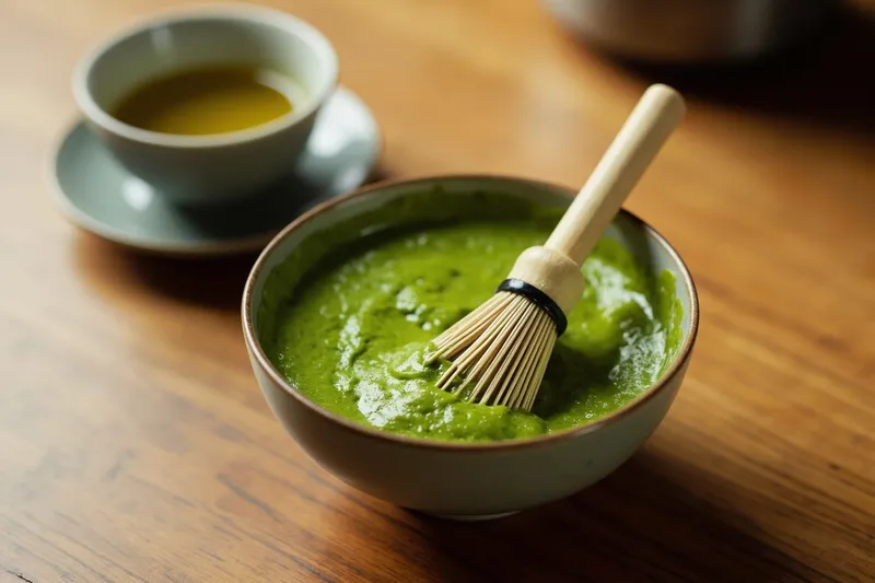 Matcha green tea in a ceramic bowl with bamboo whisk on wooden table