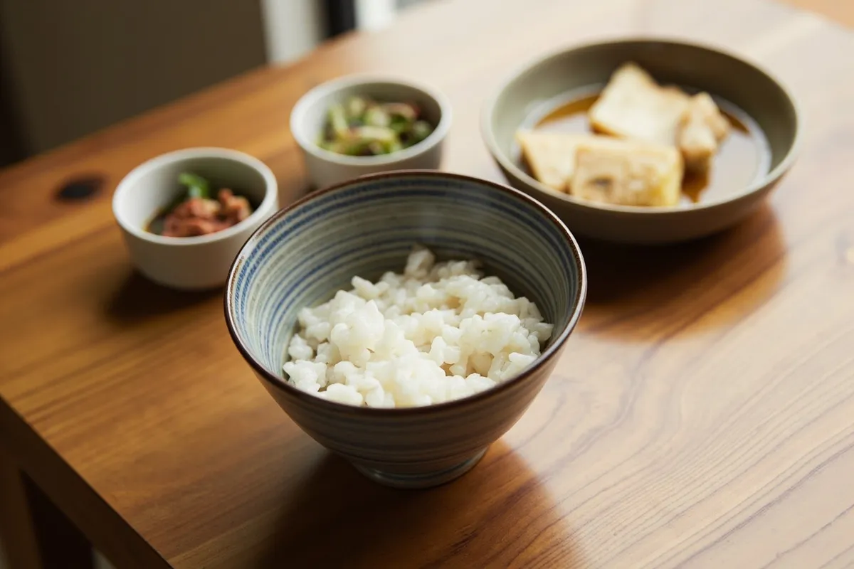 Half-filled rice bowl with miso soup and Japanese side dishes on wooden table