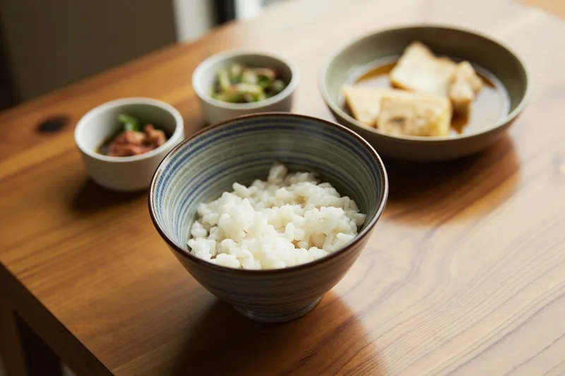 Half-filled rice bowl with miso soup and Japanese side dishes on wooden table