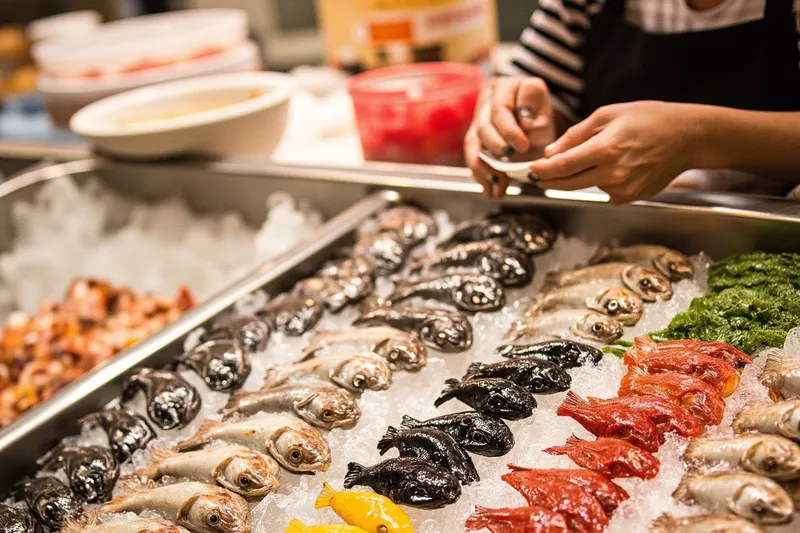 Fresh fish and shellfish laid out on ice at Naha Fish Market
