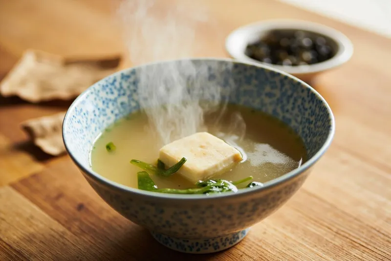 Homemade miso soup with tofu and wakame in a ceramic bowl