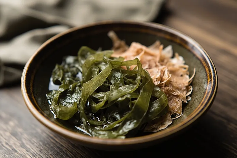A ceramic bowl holding dried kombu kelp strips and pale dried bonito flakes on a wooden table.