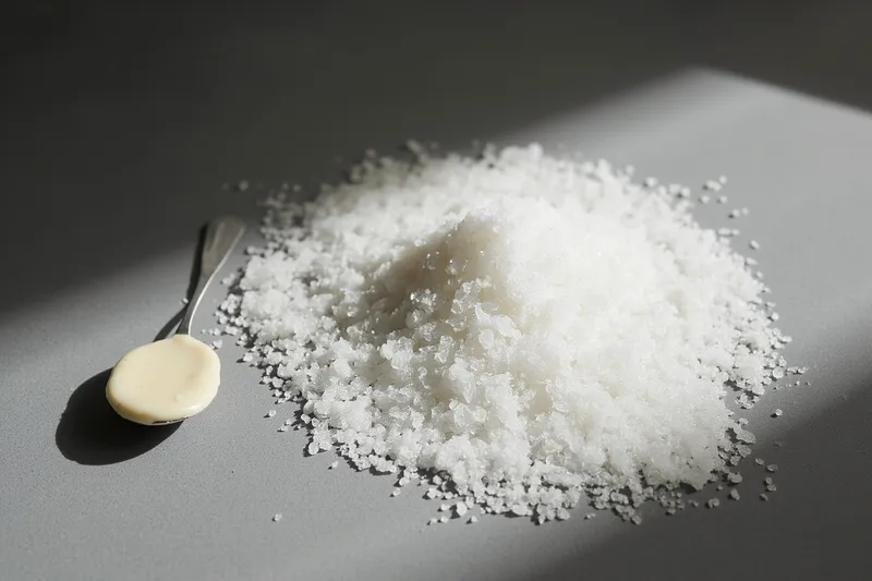 A wooden spoon of pale white miso paste next to a small pile of white salt crystals on a board.