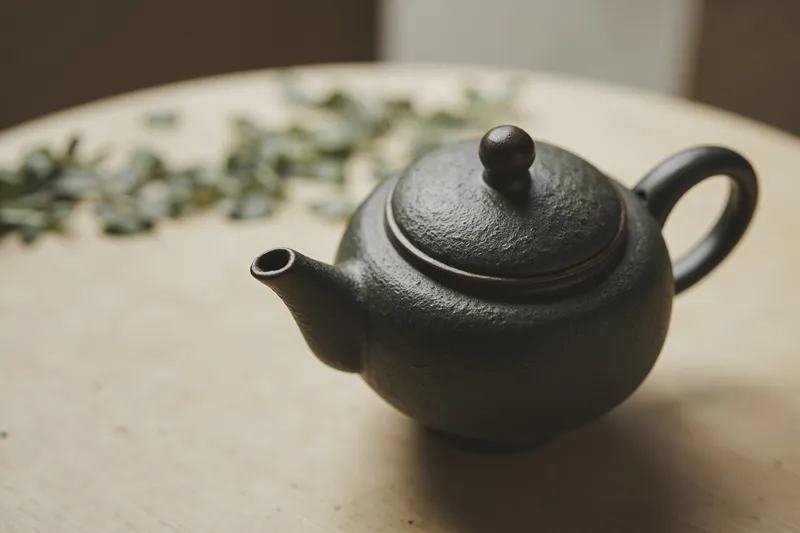 Small clay kyusu teapot holding brewed sencha leaves and hot water