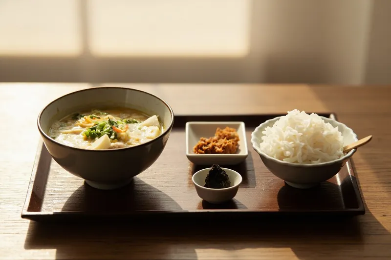 Small bowl of steamed white rice with miso soup and natto for Japanese breakfast