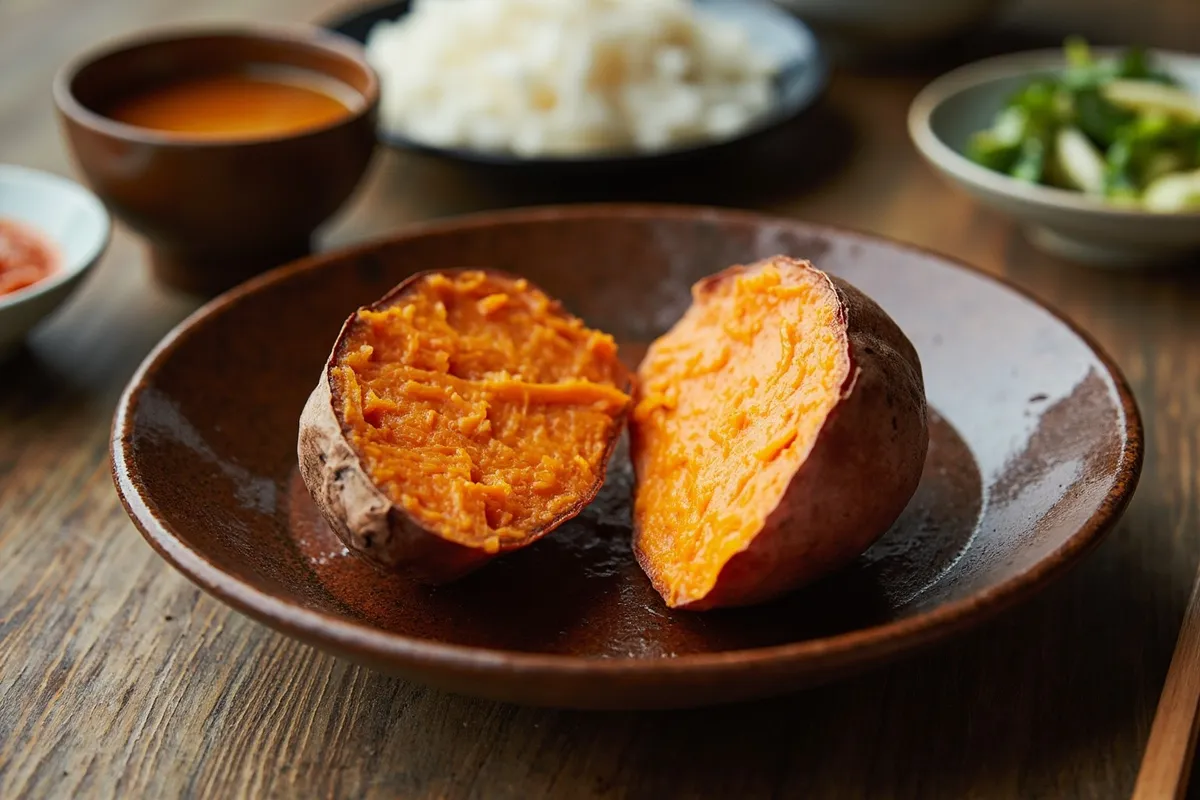 Roasted Okinawan sweet potato split open on a ceramic plate