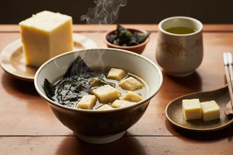 Steaming miso soup bowl with tofu cubes and nori seaweed