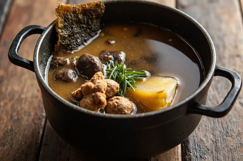 A large pot of pale dashi broth with a dark strip of kombu and dried shiitake mushrooms.