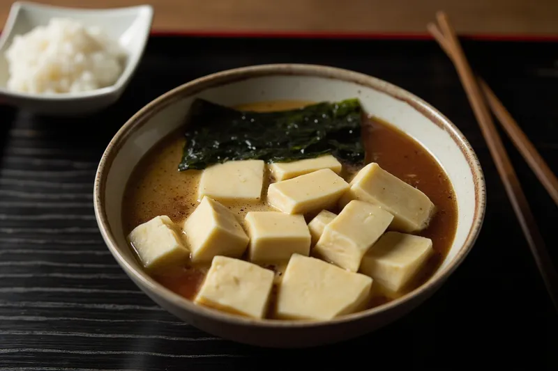 Bowl of miso soup with tofu and seaweed on a table
