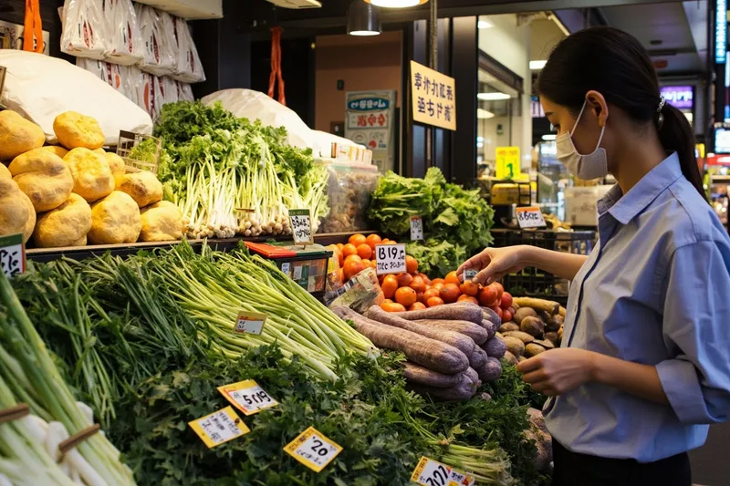 Stacks of leafy greens, peppers and root vegetables in crates at a Tokyo market stall.
