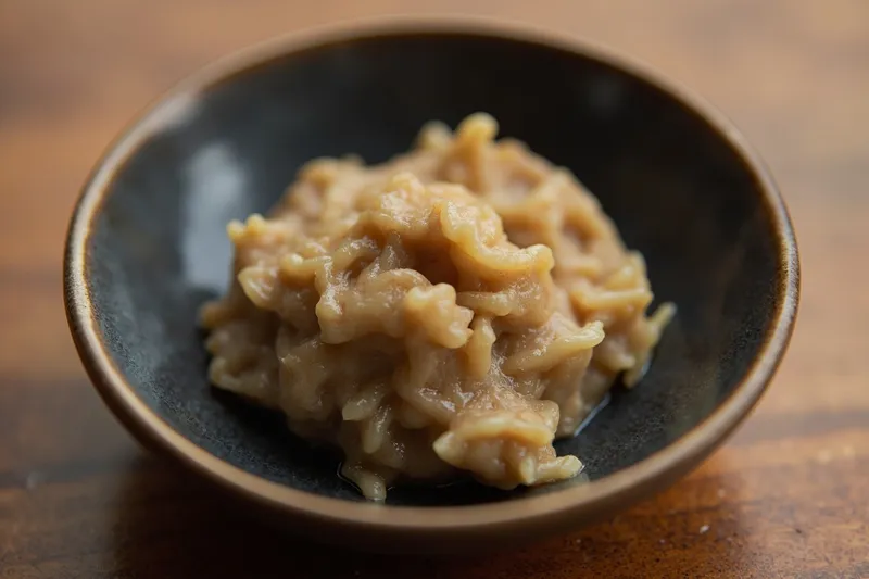 Miso paste portioned into a small ceramic bowl on a wooden table