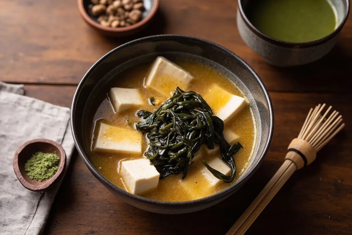 Bowl of miso soup with tofu and wakame seaweed