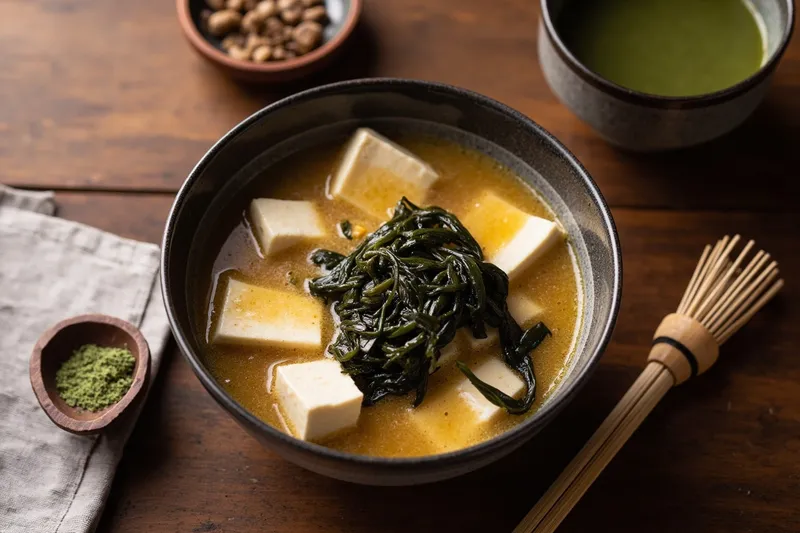 Bowl of miso soup with tofu and wakame seaweed