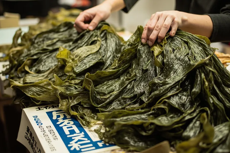 Bundles of fresh kombu kelp stacked for sale at a market stall.