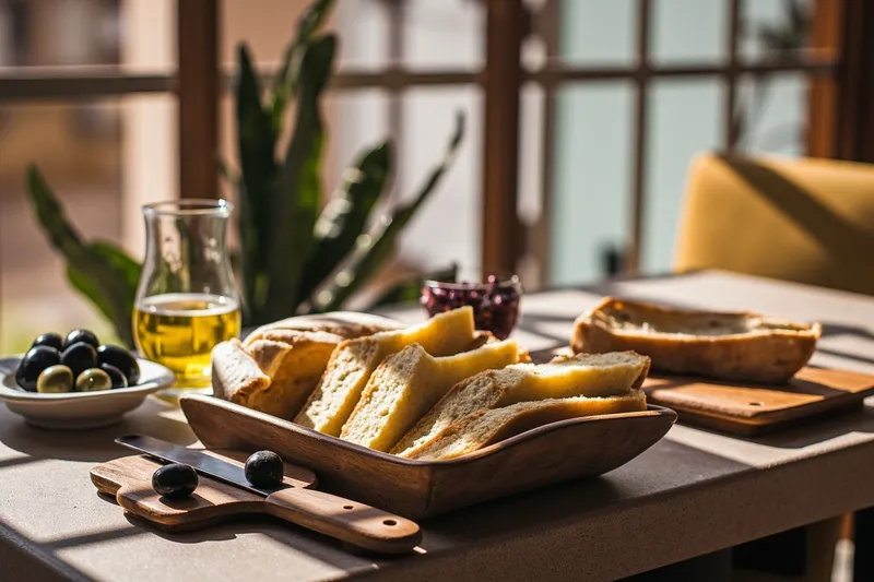 A taverna table with small plates of green olives, bread and olive oil
