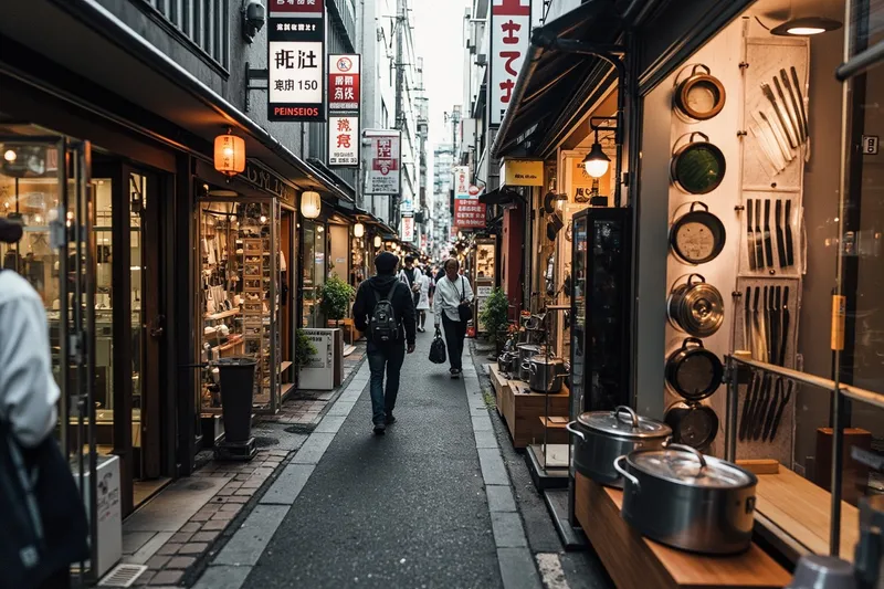 Kappabashi Dougu Street shopfronts displaying Japanese knives, pots, and cooking tools in Tokyo