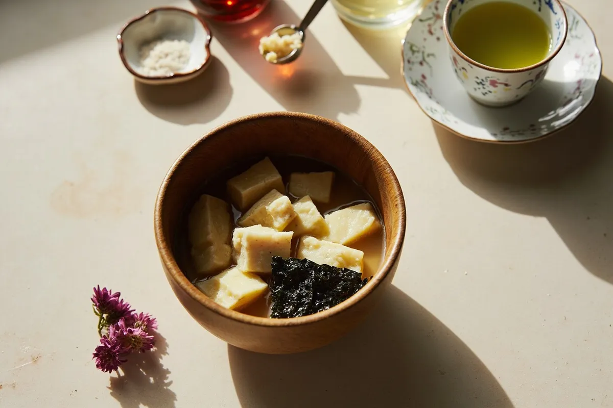 Wooden bowl of miso soup with tofu and nori on a table