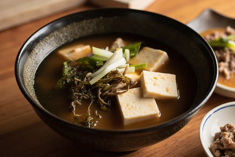 Bowl of miso soup with wakame and tofu cubes