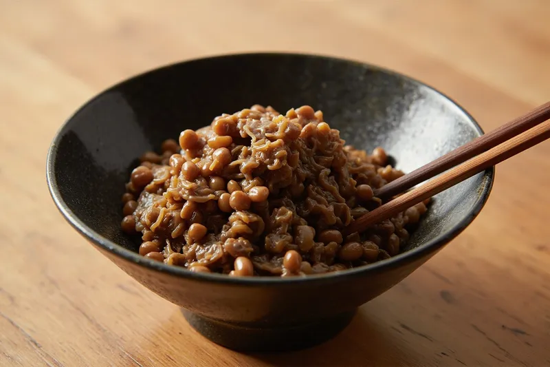 Bowl of sticky fermented soybeans with chopsticks lifting the strands