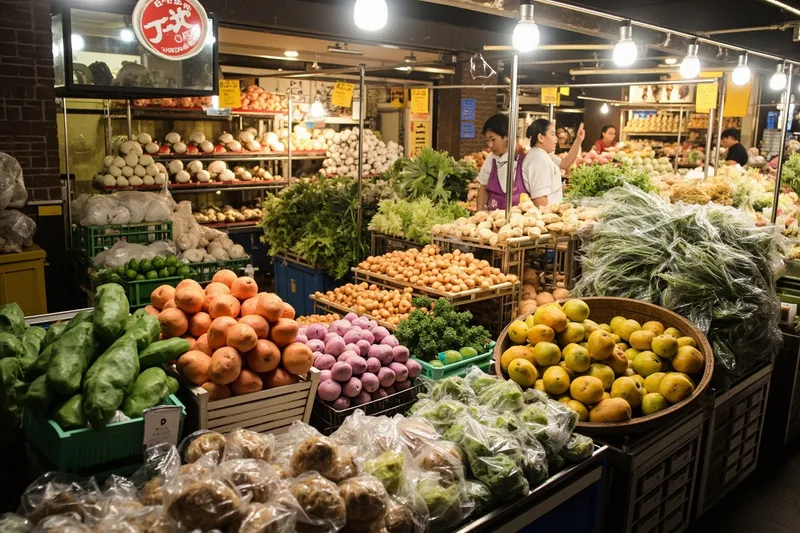 Rows of vegetable and fruit stalls in the covered aisles of an Okinawa city market