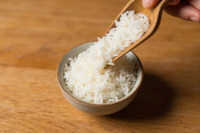 Small ceramic bowl of steamed white rice on a wooden table