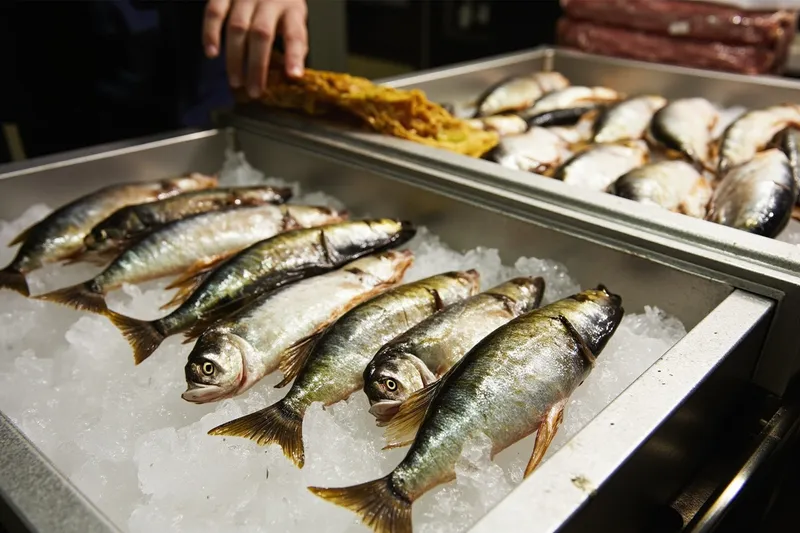 Fresh whole sardines spread over crushed ice at a Japanese fish market counter