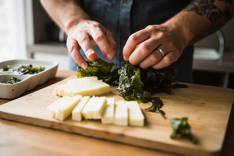 Silken tofu cut into blocks on a wooden cutting board