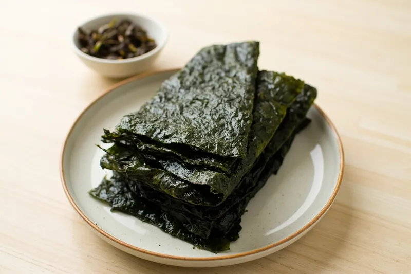 Stack of dried nori seaweed sheets on a ceramic plate