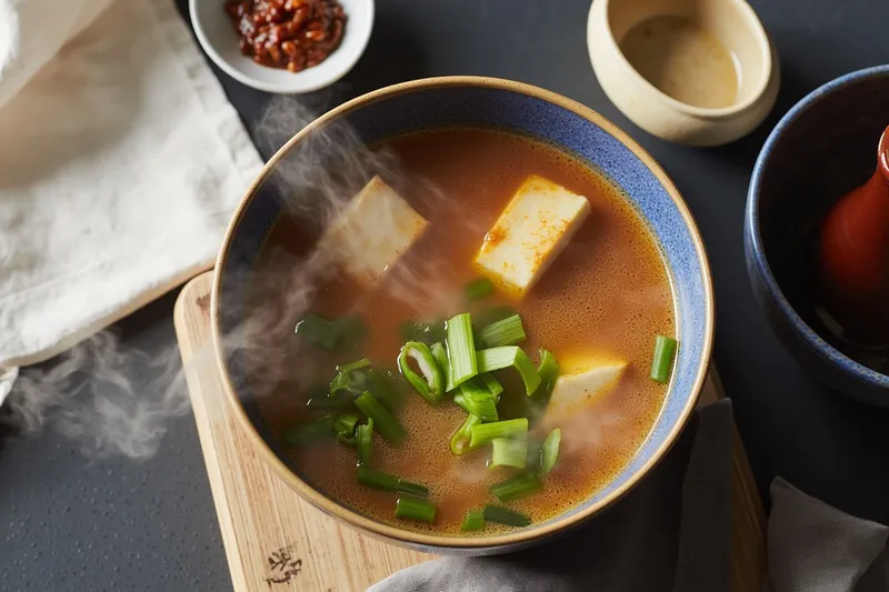 Steaming bowl of miso soup with tofu and scallions