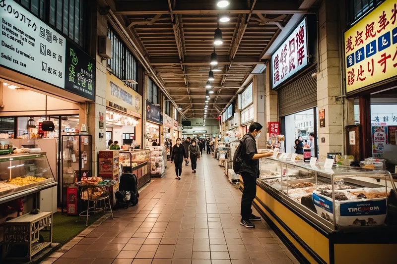Narrow covered shopping street lined with kitchenware shops in Tokyo's Kappabashi district