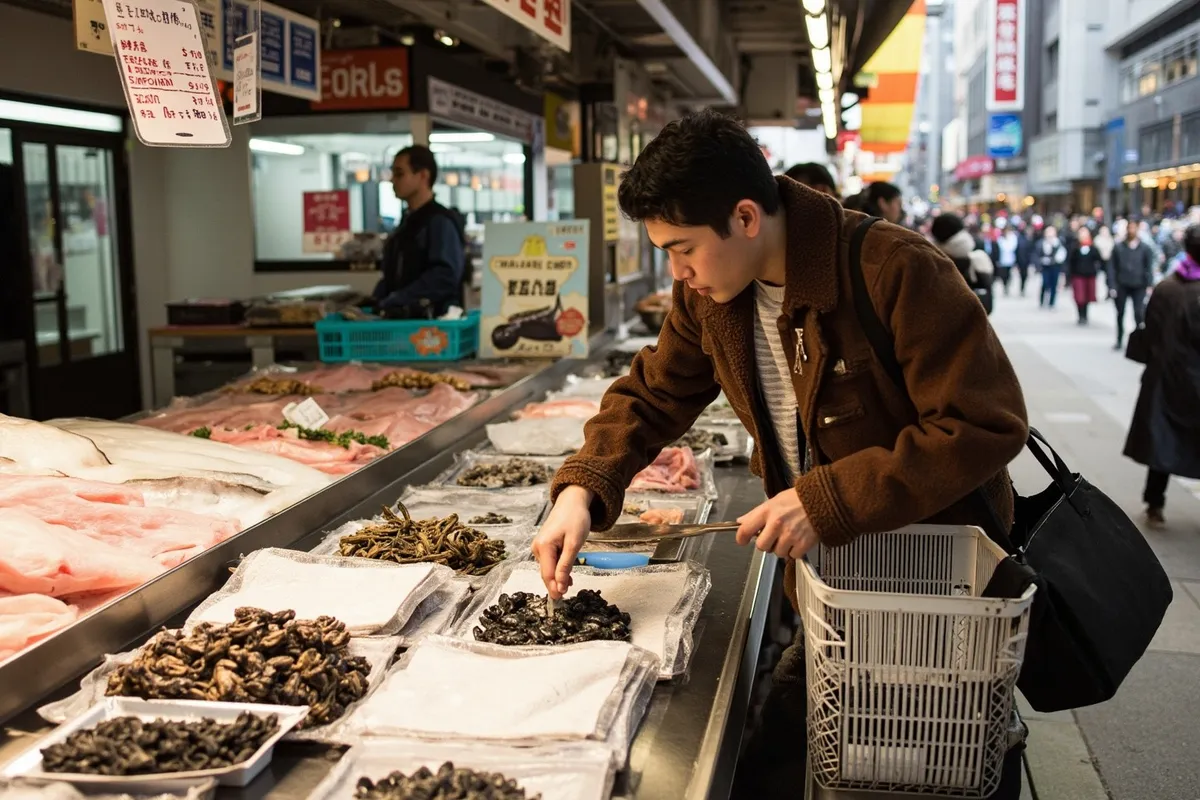 Shopper choosing fresh seafood at a stall in Tokyo's Tsukiji Outer Market under the covered arcade