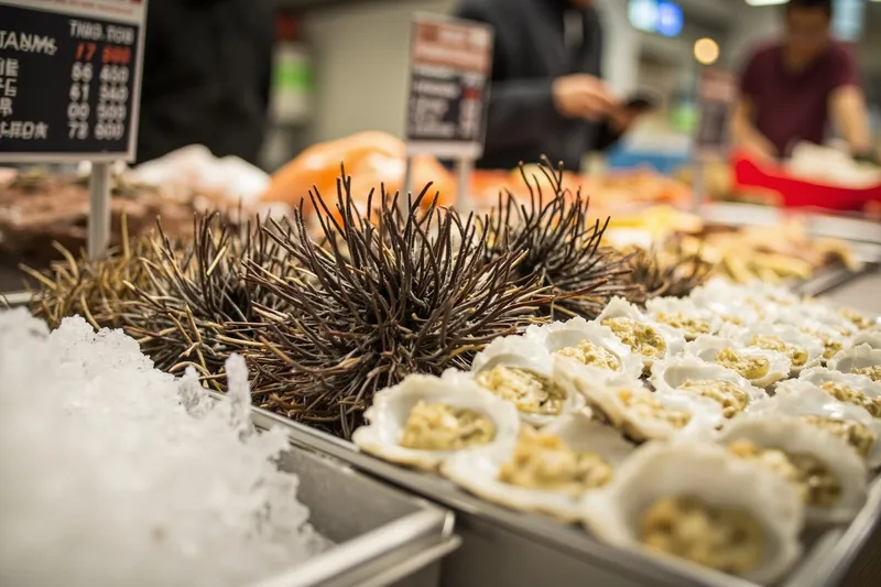 Sea urchin and oysters laid on crushed ice at a Tsukiji Outer Market seafood counter