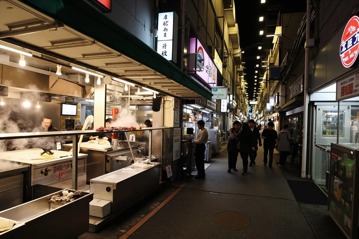 Tsukiji Outer Market shopping arcade with food stalls and visitors at night