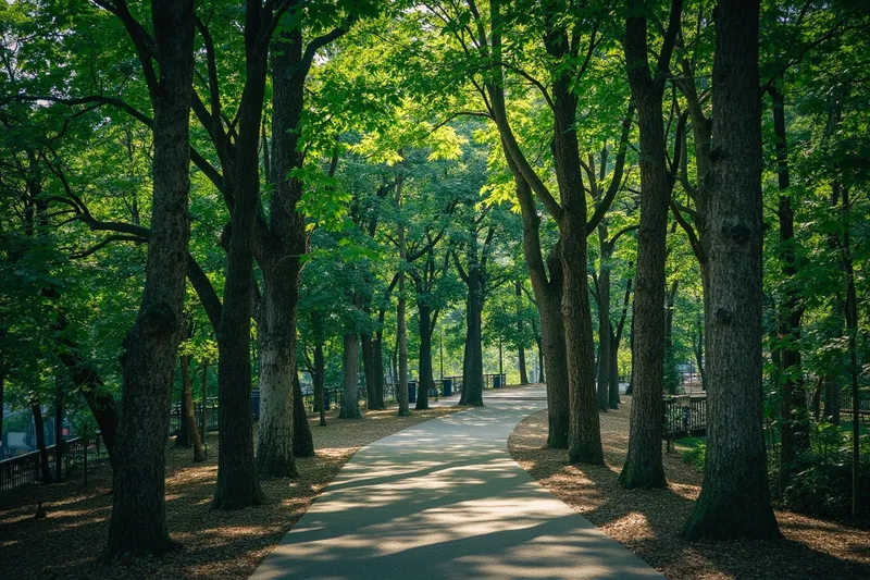 Tree-lined walking path through lush green forest in Yoyogi Park, Tokyo